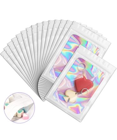 100 Pack Holographic Ziplock Bags Smell Proof Packaging Bags Clear Window Resealable Odor Foil Pouch Mylar Bags for Food Storage and Lipgloss Jewelry Lash (White 2.4 x 3.9 Inch) White 2.4 x 3.9 Inch