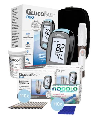 Gluco fake duo blood sugar measuring device set with 110 test strips & 110 Lanzetten |MMOL/L |Precise blood sugar measurement |Simple application
