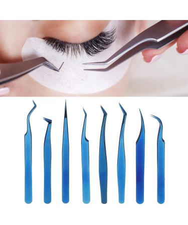 8-Piece Stainless Steel Eyelash Tweezers Set - Fine Tip Ergonomic Blue Titanium Eye Makeup Tools for Women - Portable & Durable - Buy Online on GoSupps.com