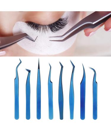 Eyelash Tweezers Set for Extensions - 8-Piece Stainless Steel Blue Tweezers with Straight & Bent Tips - Buy Online on GoSupps.com