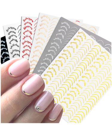 Dornail 6 Sheets Gold Silver Curve Stripe Lines Nail Stickers Rose Gold Metallic Line Self-Adhesive Nail Decals Striping Tape Nail Designs Nail Accessories Nail Art Decorations