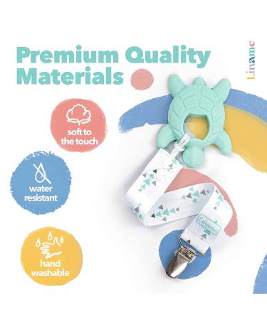Liname Neutral Pacifier Clip with Teething Toy - 4 Pack Binky Holder Set for Boys & Girls - Mint Metal Clips - Baby Pacifier Holder and Teether Combo - Buy Online on GoSupps.com