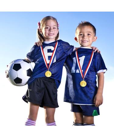 Juvale 12 Pack Soccer Medals - Gold Metal Team Participation Trophies for Kids and Adults - Perfect for Parties - Red, White, Blue Stripes with Soccer Ball and Goal Net Design - Buy Online on GoSupps.com