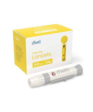 O'WELL Lancing Device Kit + 100 Sterile O'WELL Twist Top Lancets  33 Gauge (for Thinner Skin)