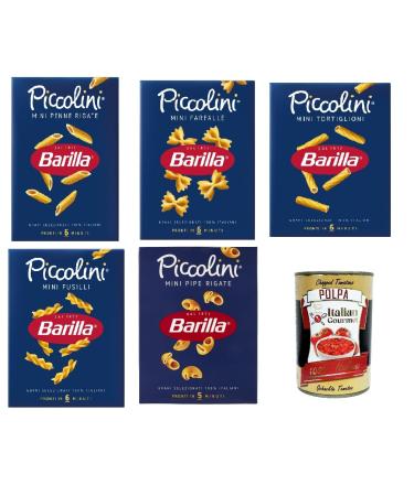 Italian Gourmet E.R. Barilla Piccolini 5 x 500g Packs of Mini Scented Pasta FUSILLI FARFALLE PENNE PIPE TORTIGLIONI 5 x 500g + Italian Polpa Gourmet 400g