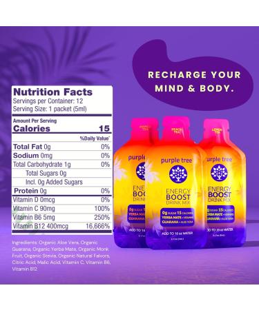 Purple Tree Organic Energy Stick Packets - Zero Sugar B12 Vitamins Lemon Ice Tea Flavor 80mg Caffeine from Yerba Mate & Guarana | 12 To-Go Packs - International Shipping Available - Buy Online on GoSupps.com
