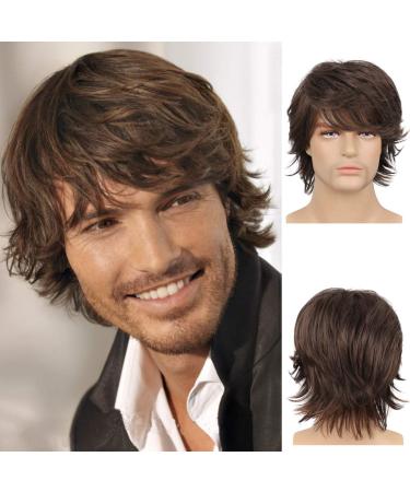 Short Brown Wig for Mens Layered Natural Fluffy Synthetic Hair Wig Heat Resistant Halloween Cosplay with Wig Cap Y48-Brown