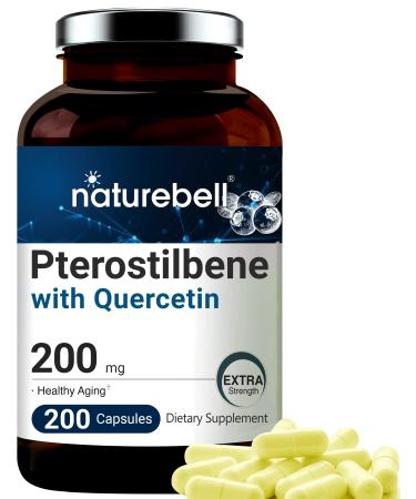2 in 1 Formula Pterostilbene Quercetin Supplements, 200mg per Serving, 200 Capsules, Naturally Sourced from Wild Blueberry, Supports Healthy Aging, Longevity, Memory, Concentration and Cardio Health