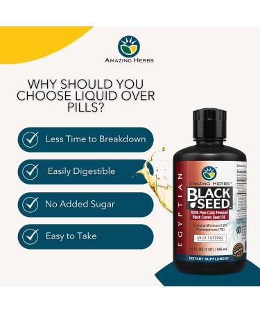 Amazing Herbs Egyptian Black Seed Oil - Gluten Free, Non GMO, Cold Pressed Nigella Sativa Aids in Digestive Health, Immune Support, Brain Function, Mild Flavor - 32 Fl Oz - Buy Online on GoSupps.com