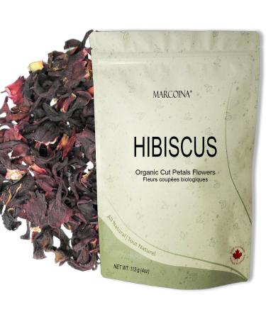 Organic Hibiscus Flowers Herbal Loose Tea by Marcoina - Cut Petals 113g in Resealable Bag Caffeine-Free from Egypt - Perfect for Hot or Cold Brew Tea - Known as Hibiscus sabdariffa. - 4oz. Hibiscus Organic Cut Flower 113-g. / 4-oz.
