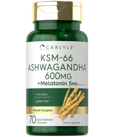 Carlyle KSM-66 Ashwagandha Capsules 600mg | 70 Count | with Melatonin 5mg | Potent Complex | Non-GMO Gluten Free