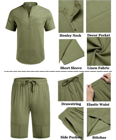 COOFANDY Men's Linen 2-Piece Set: Short Sleeve Henley Shirt & Shorts | Army Green XX-Large - Buy Online on GoSupps.com