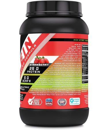 Amazing Muscle 100% Whey Protein Powder *Advanced Formula with Whey Protein Isolate as a Primary Ingredient Along with Ultra Filtered Whey Protein Concentrate (Strawberry 2 lb) - Buy Online on GoSupps.com