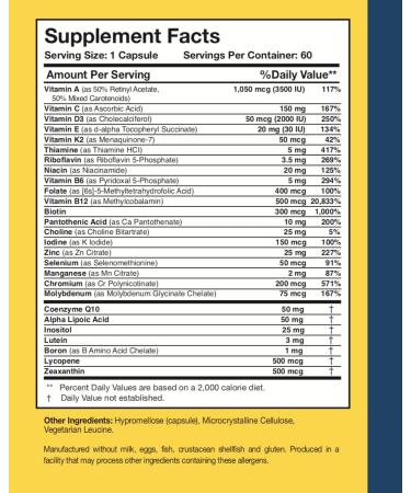 Researched Nutritionals Physician's Daily + D3 Supplement - Daily Multivitamin for Men and Women with Vitamin D3 2000iu, Vitamin B12, Vitamin B6 + Methylated Folate (60 Capsules) - Buy Online on GoSupps.com