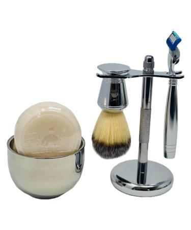 G.B.S Men's Shaving Kit - 5 Blade Razor Stainless Durable Wide Handle for Strong Grip Shaving Brush Razor + Brush Stand Chrome shaving Bowl & All-natural Shave soap