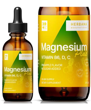 Magnesium Drops - Citrate + Glycinate + L-Threonate - Pineapple Flavor - with B6 D & C - Kid-Friendly Magnesium Liquid Drops 2 fl oz