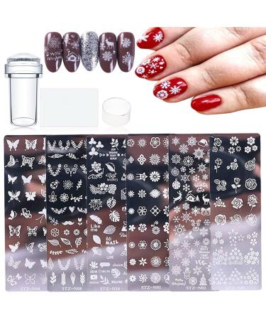6pcs Stainless Steel Nail Plates Stamp Templates Art Stamping Kits with 1 Stamper 1 Scraper Nail Stamping Plates with Leaf Flowers Butterfly Snowflake for Women Retro Fashion Art Decoration