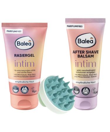 Whale Balea Shaving gel intimate 150 ml + Balea aftershave balm intimate 100 ml + massage brush for hair growth and blood circulation