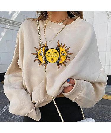 Vintage Moon Sun Print Graphic Tees for Women - Long Sleeve Pullover Crop Tops | Trendy Streetwear Collection - Buy Online on GoSupps.com