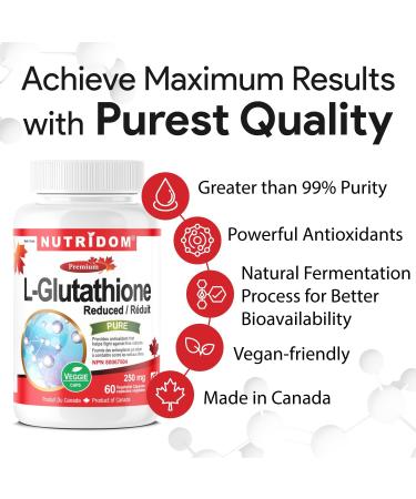 Nutridom L-Glutathione 250mg Reduced Glutathione Supplement for Antioxidant Support Non-GMO Vegan Gluten-Free Soy-Free Dairy-Free No Additives & Fillers (60 Veggie Capsules) - Buy Online on GoSupps.com