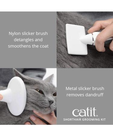 Catit Grooming Kit for Shorthaired Cats | 5-Piece Canister Set with Rubber Palm Brush, Nylon & Metal Slicker Brushes, Fine Comb, Curved Nail Clippers | White, Black, Grey | Short Hair - Buy Online on GoSupps.com