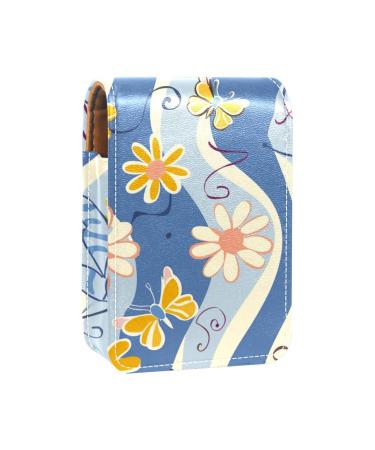Lipstick Case Leather Lip Gloss Lipstick Organizer with Mirror Mini Lipstick Holder Bag Butterflies Flowers Colorful Y548f9ytpq