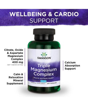 Swanson Triple Magnesium Complex - Natural Mineral Supplement - Citrate, Oxide & Aspartate - 300 Capsules (400mg) - Buy Online on GoSupps.com