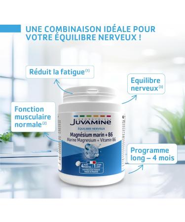 JUVAMINE - Marine Magnesium 300mg + Vitamin B6 - Fatigue - Stress - Nervous Balance - Well-being - Nervous System - 4 Month Format - 120 Tablets - Made in France - Buy Online on GoSupps.com
