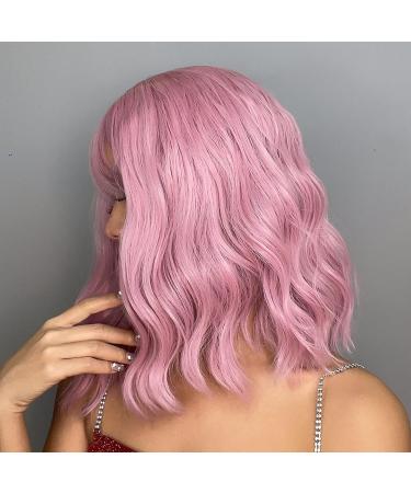 Pretty Pink Short Wavy Bob Wig with Air Bangs - Shoulder Length Party Cosplay Fancy Dress Wig for Women (Pink) - Buy Online on GoSupps.com