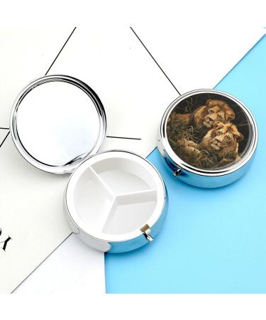 Travel Pill Box | 3 Compartment Portable Pill Organizer with Two Lions Printing - Small Round Medicine Case for Purse & Pocket - Buy Online on GoSupps.com