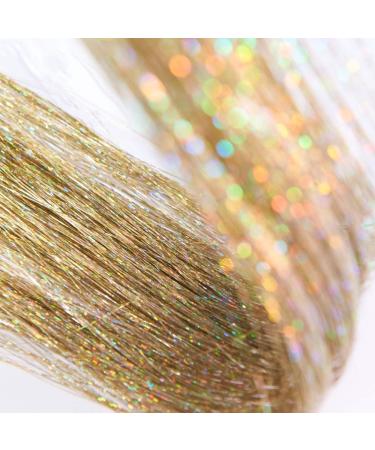DANSEE 48 Hair Tinsel 750 Strands Kit Sparkling Silk Fairy Hair Shiny Hair Flairs Extensions Party Highlights Hair Dazzle Glitter Extensions Bling Synthetic Hairpieces Set (Gold)