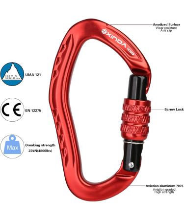 XINDA 22KN Screw Locking Carabiner Clip - CE UIAA Certified - Heavy Duty Aluminium - Set of 2 Red Carabiners for Climbing and Outdoor Activities - Buy Online on GoSupps.com