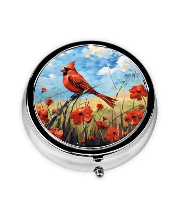 Flower Poppy Cardinal Pill Box 3 Compartment Pill Case Portable Medicine Pill Organizer for Pocket Purse Pill Box Decorative Metal Medicine Vitamin Organizer