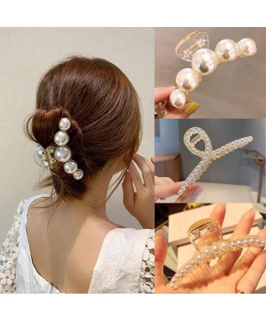 3PCS Pearl Hair Claw Clips Large Pearl Hair Clips for Thick Hair or Fine Hair Non-Slip Hair Clips Hair Accessories for Women and Girls