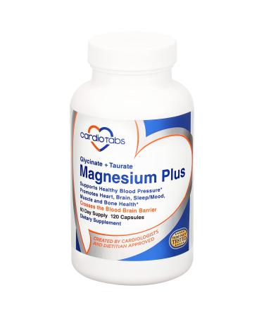 Cardiotabs Magnesium Plus  200 mg of Magnesium Glycinate and Magnesium Taurate for Blood Pressure Heart Brain Sleep & Mood Support  Highly Concentrated and Well Absorbed - 120 Capsules