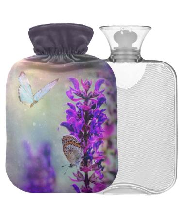 Naanle hot water bottle with cover butterfly lavender flowers Transparent hot water bottle heat bottle for back pain relief handfoot warmer neck warmth and cold therapy 2l