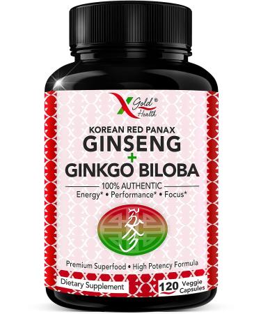 Korean Red Panax Ginseng 1200mg + Ginkgo Biloba -120 Vegan Capsules - High Ginsenosides Extra Strength Root Extract Powder Supplement for Energy, Performance & Focus Pills for Men & Women 120 Count (Pack of 1)