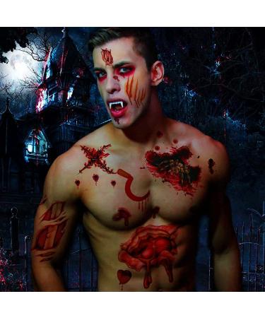 Zombie Makeup Halloween Kit - 11 Unique Sheets Fake Blood, Scar Tattoos, Vampire Makeup - 61 Pics Fake Scars & Cuts - Buy Online on GoSupps.com