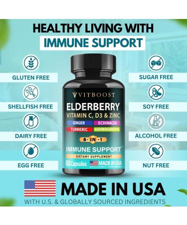 Elderberry Immune Support Supplement 8-in-1 Formula with Echinacea Vitamin C & Zinc Vitamin D 5000 IU Turmeric Ginger Ashwagandha 60 Capsules 60 Capsules (Pack of 1) - Buy Online on GoSupps.com