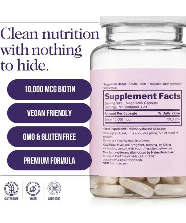 NAKED Biotin 10 000mcg - Max Strength Vitamin B7 Supplement for Healthy Hair Skin & Nails Support - Non-GMO Gluten-Free Vegan - Supports Keratin Production - 120 Capsules - Buy Online on GoSupps.com