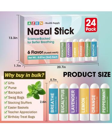 AZEN Nasal Sticks (24 Pack) Portable Inhaler Stick for Nasal Congestion Relief Focus Boost Non-Medicated Refreshing Vapors with Essential Oils - Buy Online on GoSupps.com