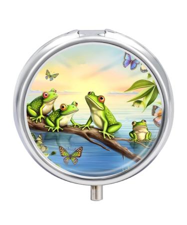 Pill Box Pill Case 3 Compartment Travel Pill Box Many Frogs Sing on The Branches Printing Small Pill Box Portable Medicine Pill Case Pill Organizer for Purse & Pocket for Travel Handbag (Round)