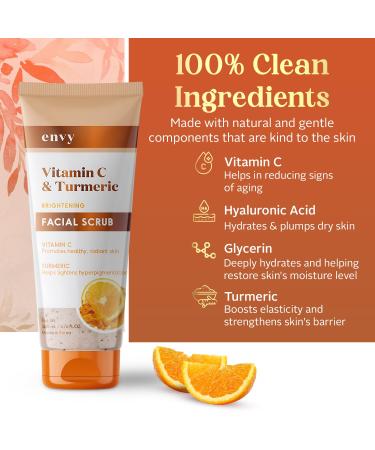 Envy Vitamin C & Turmeric Face Scrub - Anti-Aging Exfoliator for All Skin Types Clears Blackheads & Improves Dark Spots - Vegan & Cruelty-Free - 200ML - Buy Online on GoSupps.com