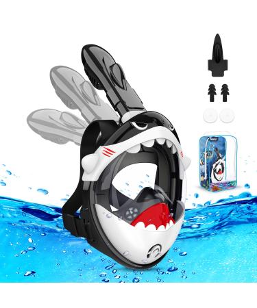 Kkdi Kids Snorkel Mask, Full Face Snorkel Mask for Kids 4-16, Foldable Dry Top Snorkeling Gear Snorkel Set for Swimming Pool Toys, Anti-Leak/Anti-Fog /180 HD View/Portable Bag - Green Frog Black Shark