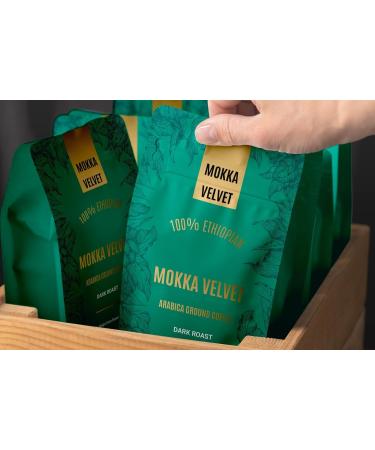 Mokka Velvet Ethiopian Coffee - Dark Roast 100% Ethiopian Harar Arabica Ground Single-Origin Organically grown Full-Bodied Flavor Roasted in Canada Perfect for French Press Drip machine Espresso Reuseable bag 454g - Buy Online on GoSupps.com