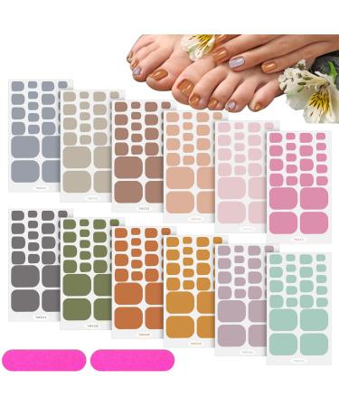264 Pieces 12 Sheets Toenail Polish Stickers Strips Full Toe Nail Wraps Adhesive Toe Nail Wraps DIY Solid Color Toe Nails Manicure Decal with 2 Pieces Nail Files for Women Girls Nail (Warm Colors)