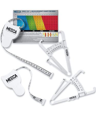 Body Tape Measure and Skinfold Caliper Body Fat Monitor Set - (Pack of 2) - Double Sided Body Tape Measures (150 cm /60 inches) - Skin Fold Body Fat Analyzer and BMI Measurement Tool, White by MEDca