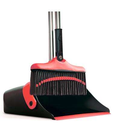 Broom and Dustpan Set with Long Handle - Kitchen Brooms and Stand Up Dust Pan Magic Combo Set for Home - Lobby Broom with Rotation Head and Standing Dustpan for Floor Cleaning Red
