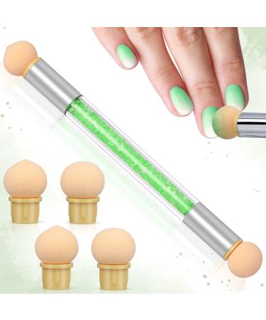 Greoer Nail Art Sponge Brush Applicator with 4 Pieces Replacement Head Double Head Acrylic Nails Ombre Sponge Nail Design Accessories for UV Gel and False Nail Art Rendering Tools (Green)
