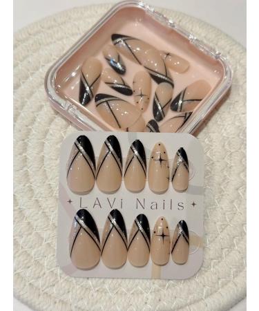 Long Stiletto Nude Base Elegant Black Line Glitter Star Fake Press On Nail Set - Buy Online on GoSupps.com